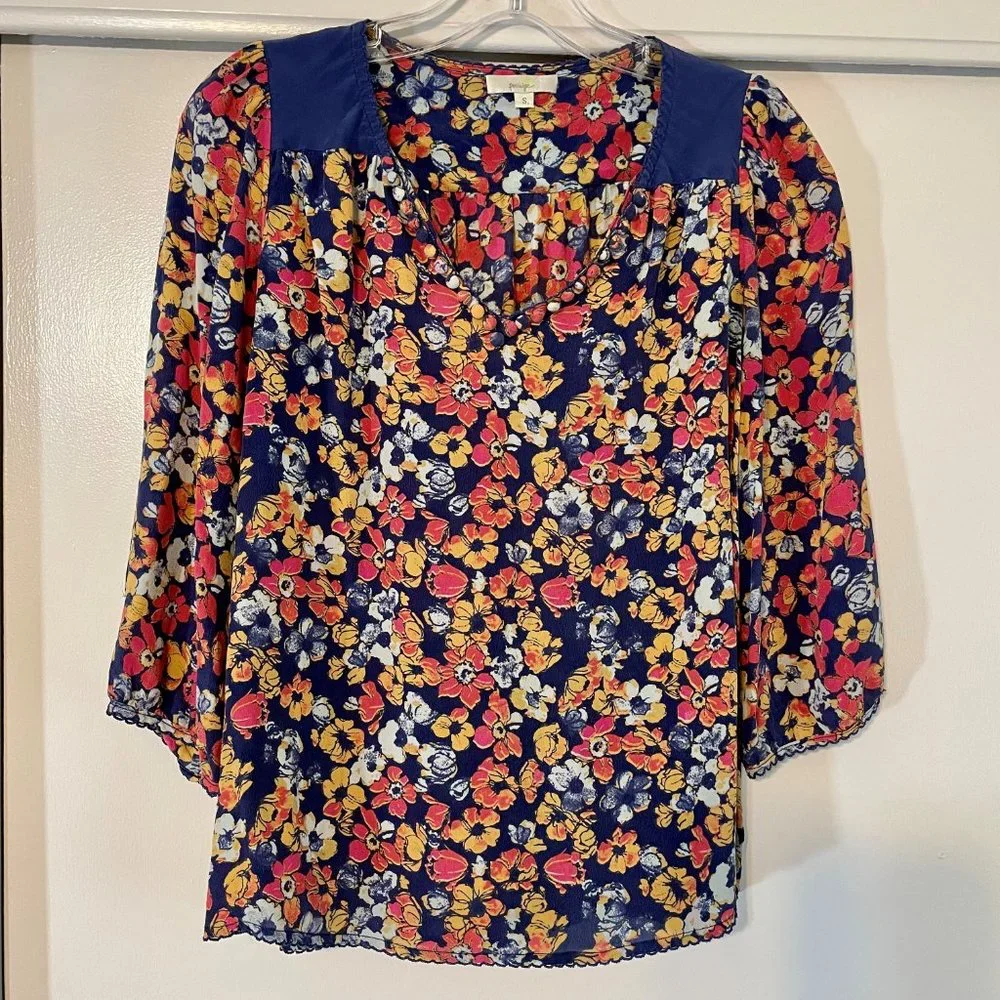 Anthropologie Porridge Billion Petals Silk Floral Boho Pullover V Neck Blouse S - Picture 1 of 7